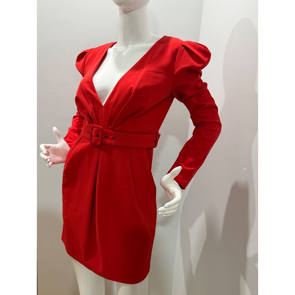 Bardot Red Deep V Neck Puff Sleeve Belted Mini Dress Women's US 6/S NWT - Picture 5 of 12